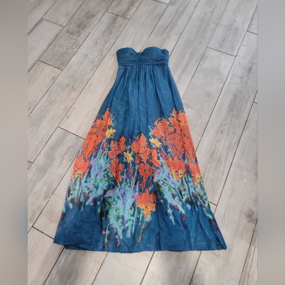 Aqua Turquoise strapless gown floral design at the bottom size 2 like new condit - Picture 2 of 8